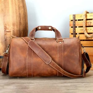 Vintage Genuine Cowhide Leather Travel Bag, Large Weekender Overnight Luggage Bag with Shoe Pocket Brown
