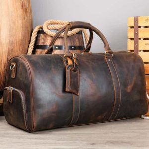 Vintage Genuine Cowhide Leather Travel Bag, Large Weekender Overnight Luggage Bag with Shoe Pocket Brown