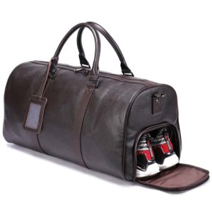 Vintage Genuine Cowhide Leather Travel Bag, Large Weekender Overnight Luggage Bag with Shoe Pocket