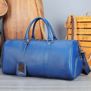 Vintage Genuine Cowhide Leather Travel Bag, Large Weekender Overnight Luggage Bag with Shoe Pocket Blue