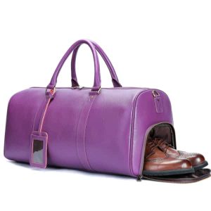 Vintage Genuine Cowhide Leather Travel Bag, Large Weekender Overnight Luggage Bag with Shoe Pocket Purple