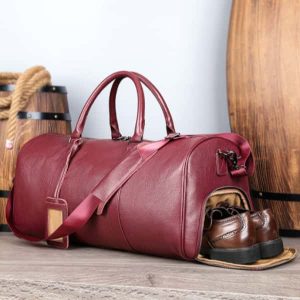 Vintage Genuine Cowhide Leather Travel Bag, Large Weekender Overnight Luggage Bag with Shoe Pocket Red