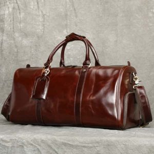 Vintage Genuine Cowhide Leather Travel Bag, Large Weekender Overnight Luggage Bag with Shoe Pocket Brown